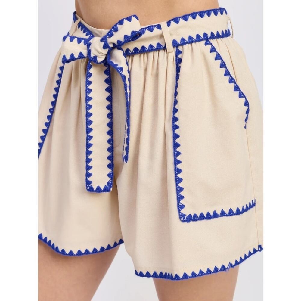En Saison Donatella Linen Blend Shorts in Natural Cobalt size Medium